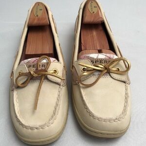 Sperry Angelfish beige and pink plaid sequin boat shoes